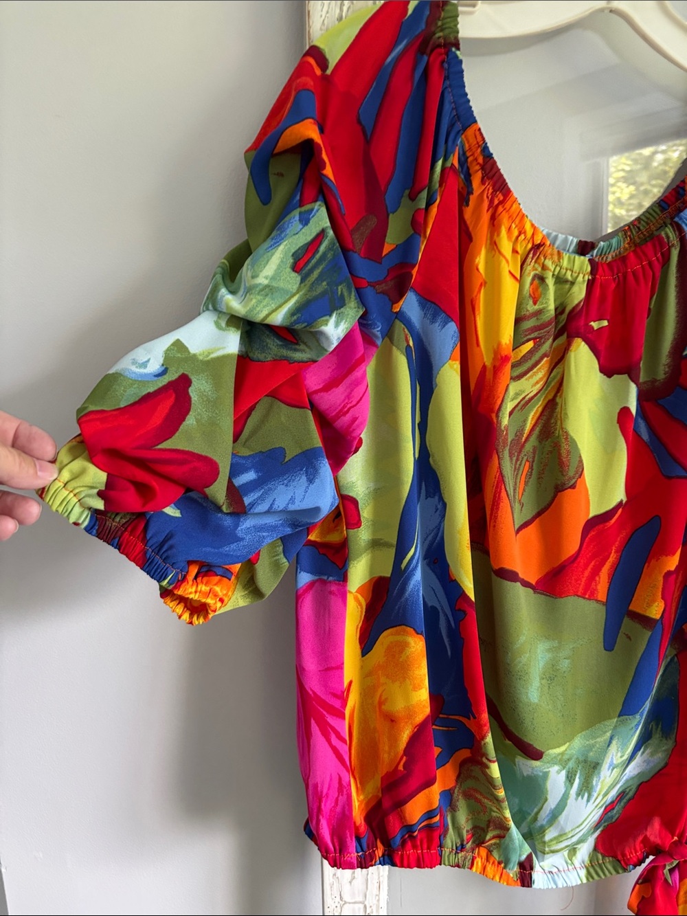 CeCe Multicolor Abstract Off-Shoulder Tie-Hem Blouse - Picture 2 of 7